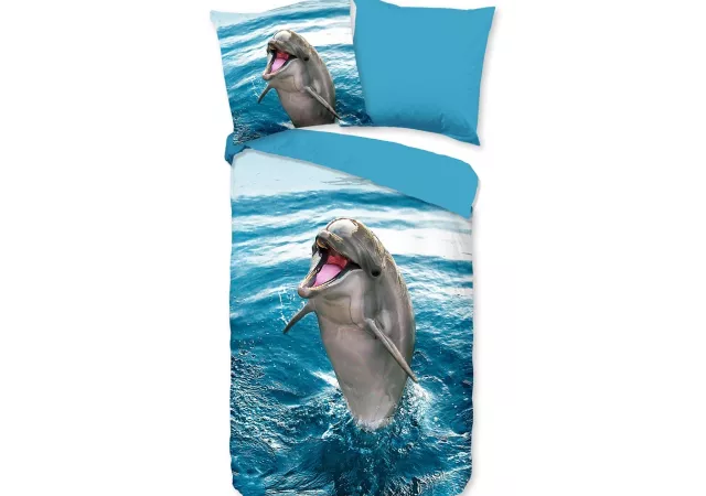 Overtrek éénpersoons dolfijn blauw (140x220)